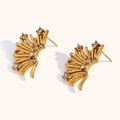 Dingran Trendy Stainless Steel Flower Earrings Vintage Gold Plated Zircon Stud with Princess Cut Diamond Shape Engraved Design