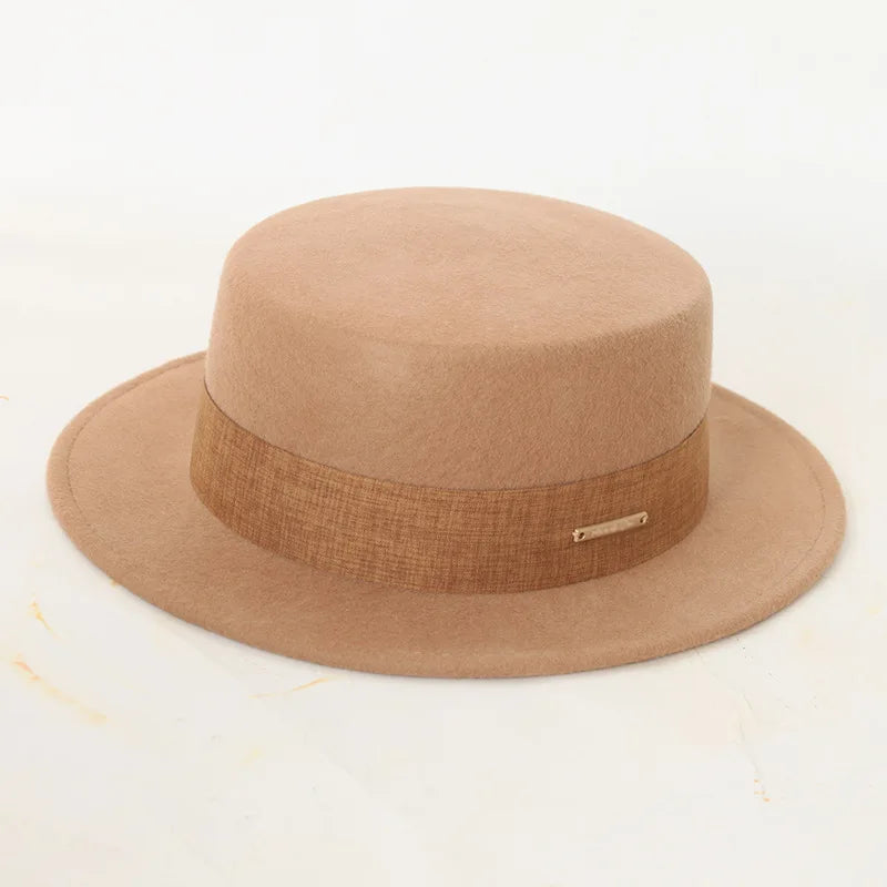 Solid Color Wool Felt Fedora Hat With Wide Brim and Flat Top Winter Formal Party Accessory Decorated With Ribbon