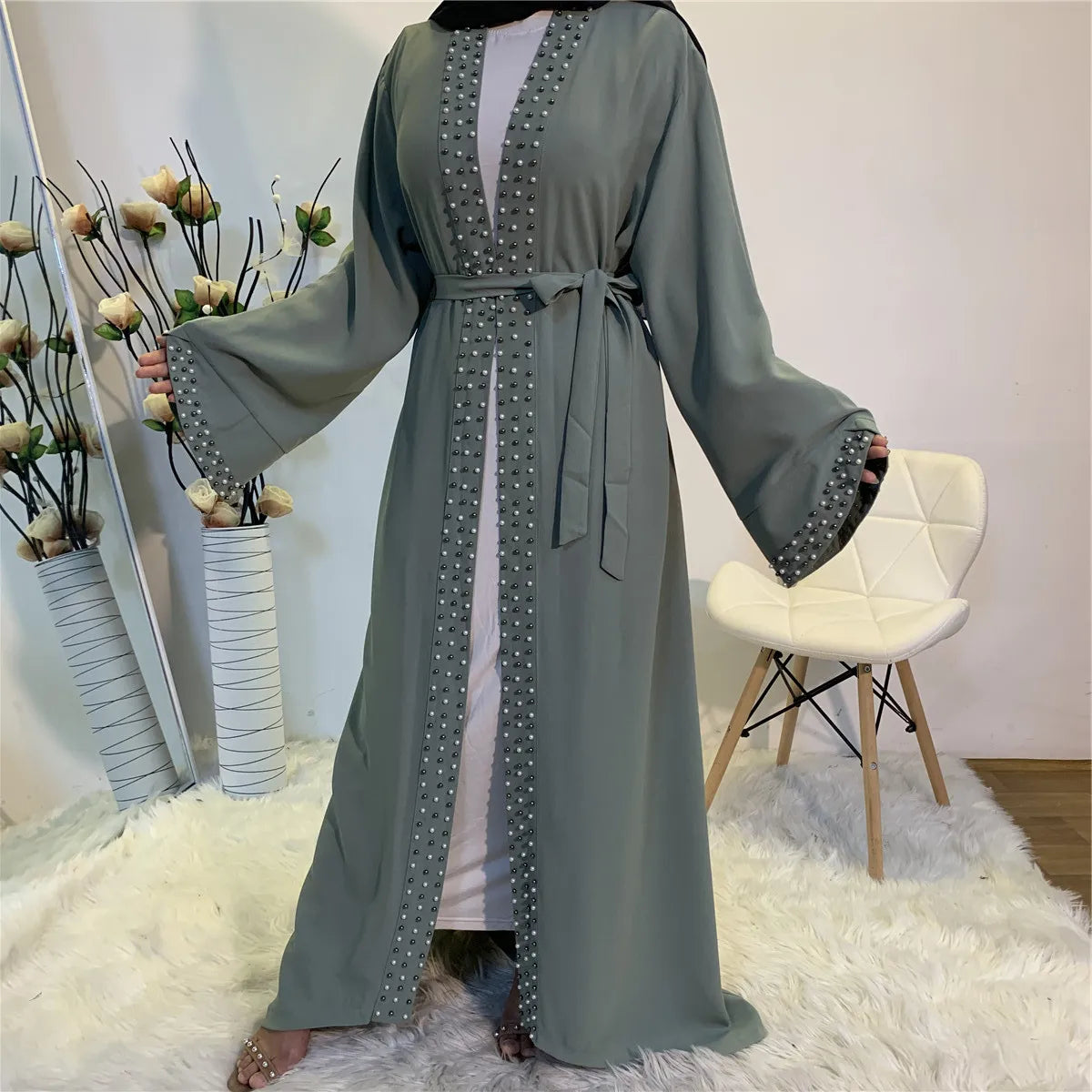 Luxury Black Abaya Evening Dress for Women Beaded Party Robe Musulman From Dubai Prayer Home Dress with Belt Plus Size