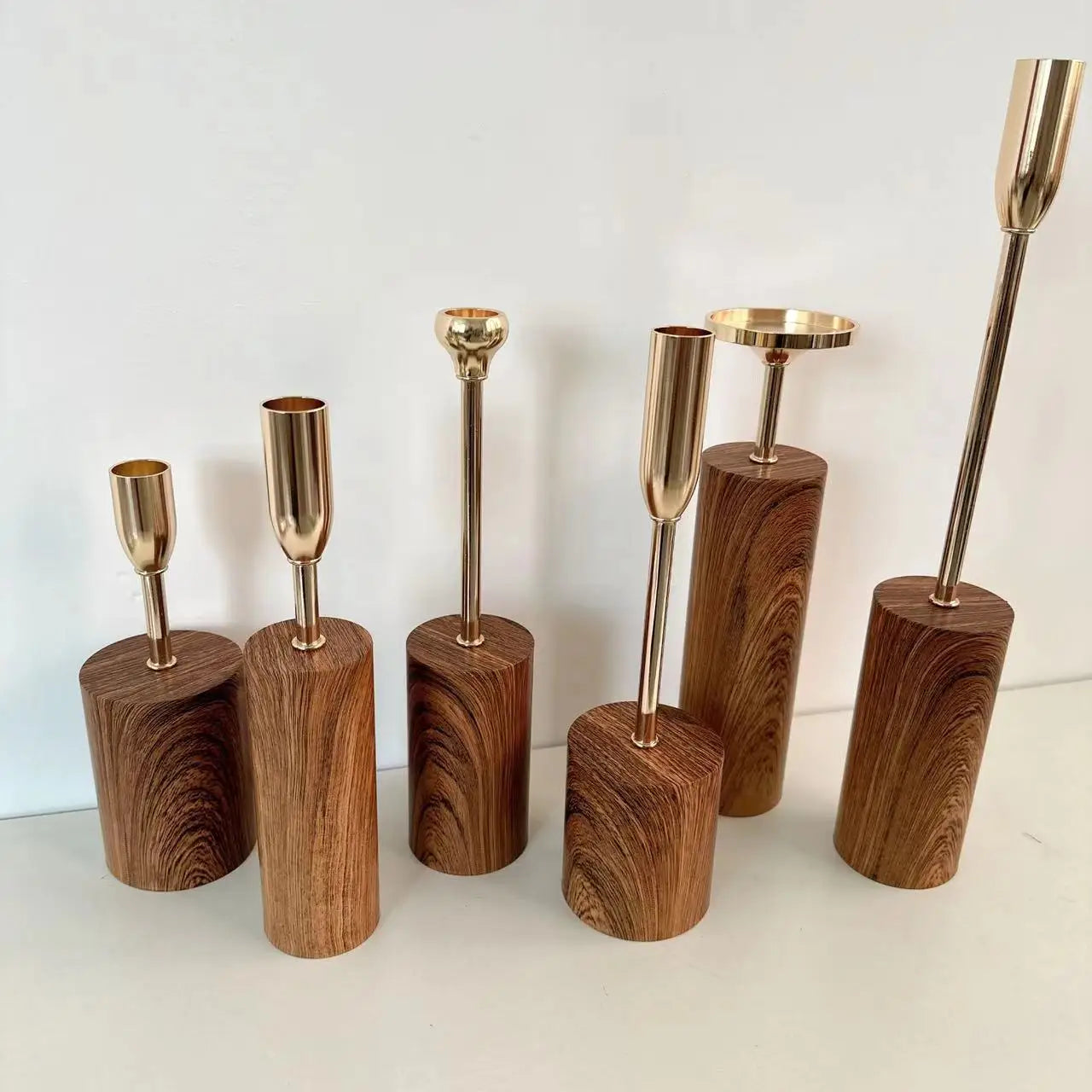 European-style Candlestick 6-piece Set Wood Color Metal Candle Holder Wedding Props Home Decoration
