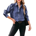RNSHANGER Girl Blouse Puff Long Sleeve Boho Denim Shirts Women Vintage Cotton Blouse Casual Autumn Loose Cowboy Ladies Shirt