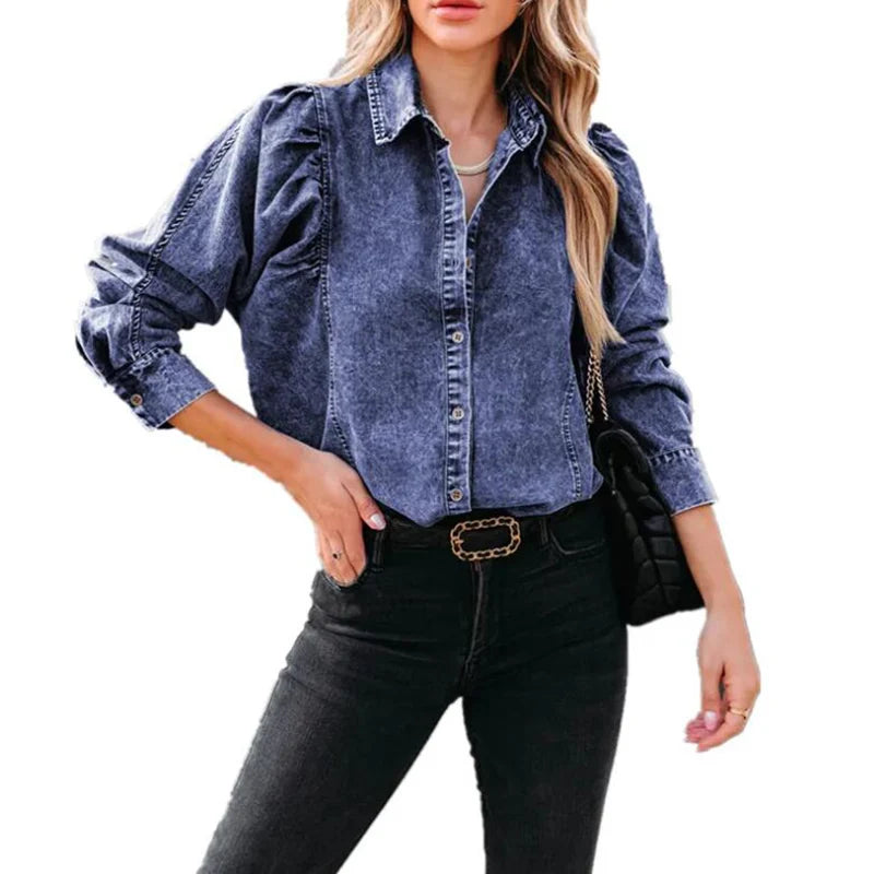RNSHANGER Girl Blouse Puff Long Sleeve Boho Denim Shirts Women Vintage Cotton Blouse Casual Autumn Loose Cowboy Ladies Shirt