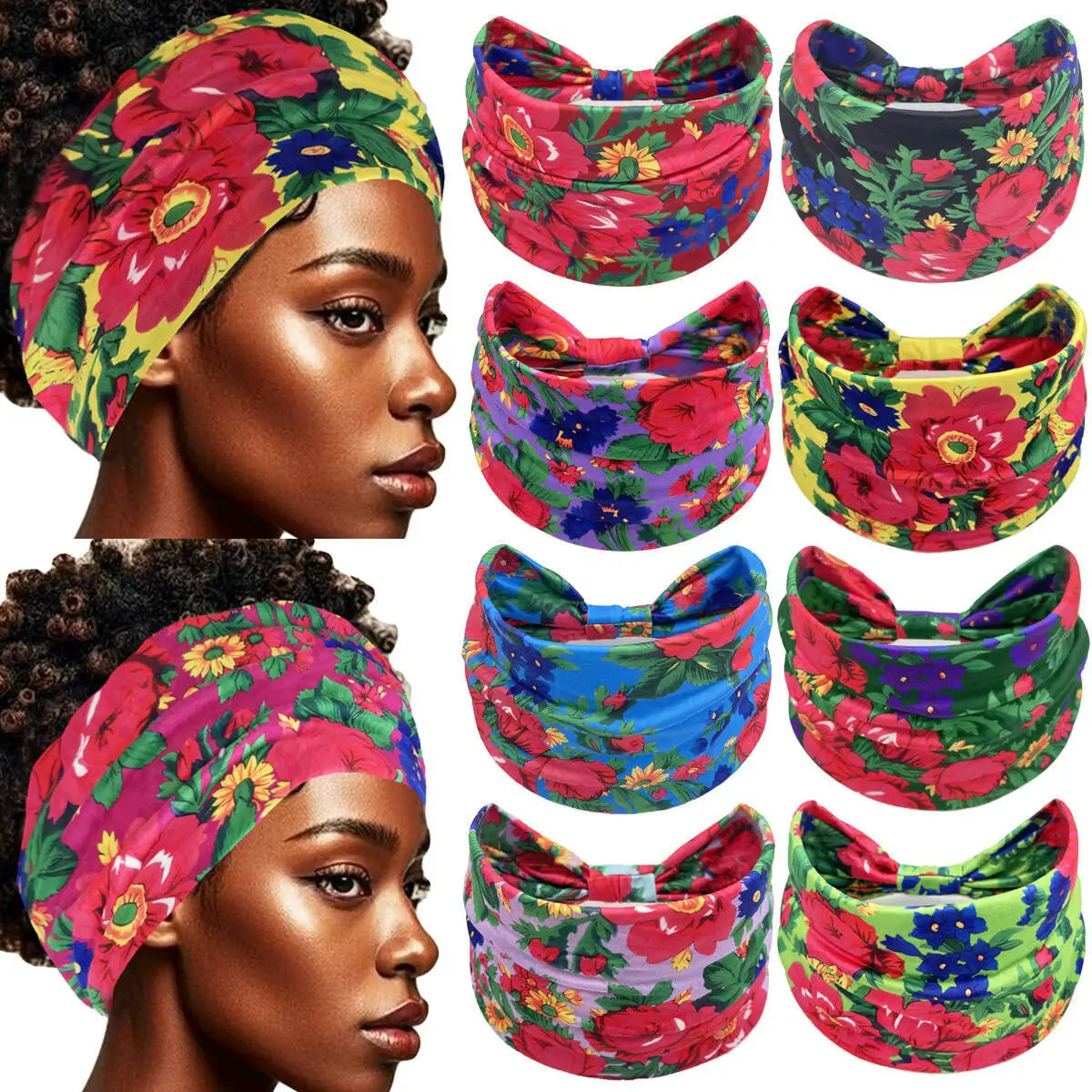 Boho Women Large Head Wraps Band Turban Sport Yoga Twist Knotted Wide Floral Flower Headband for Women