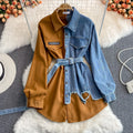 Women's High Waist Midi A-Line Dress Winter Turn-Down Collar Patchwork Denim Casual Style Breathable Woven Fashion Clothes