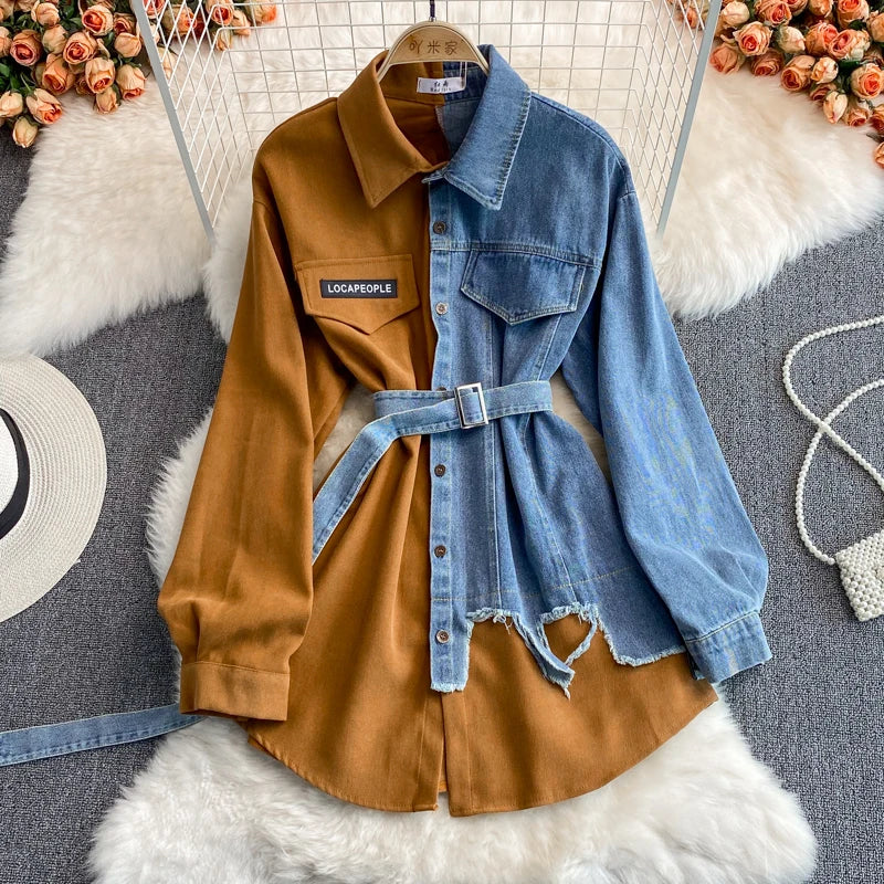 Women's High Waist Midi A-Line Dress Winter Turn-Down Collar Patchwork Denim Casual Style Breathable Woven Fashion Clothes
