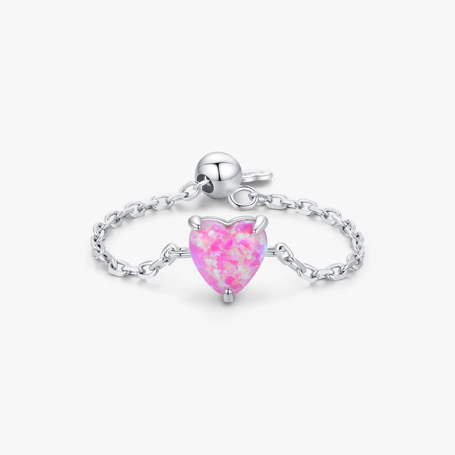 925 Sterling Silver Fine Jewelry Daily Accessories Elegant Heart Opals Adjustable Link Chain Rings
