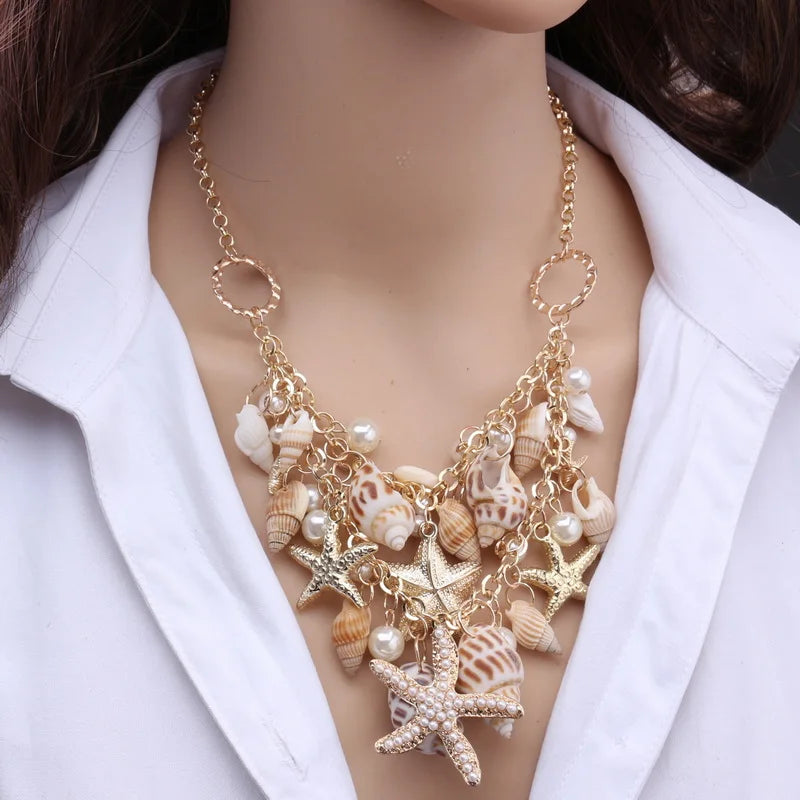 Vacation Style Ocean Series Shell Starfish Choker Necklace Bohemian Pearl Girl Women's Leisure Beach Party Exaggerated Necklace