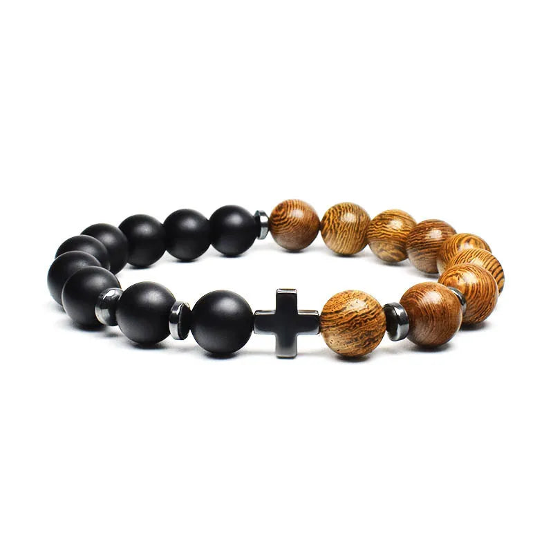10mm Wood Matt Beaded Natural Stone Hematite Cross Adjustable Bracelet ST241