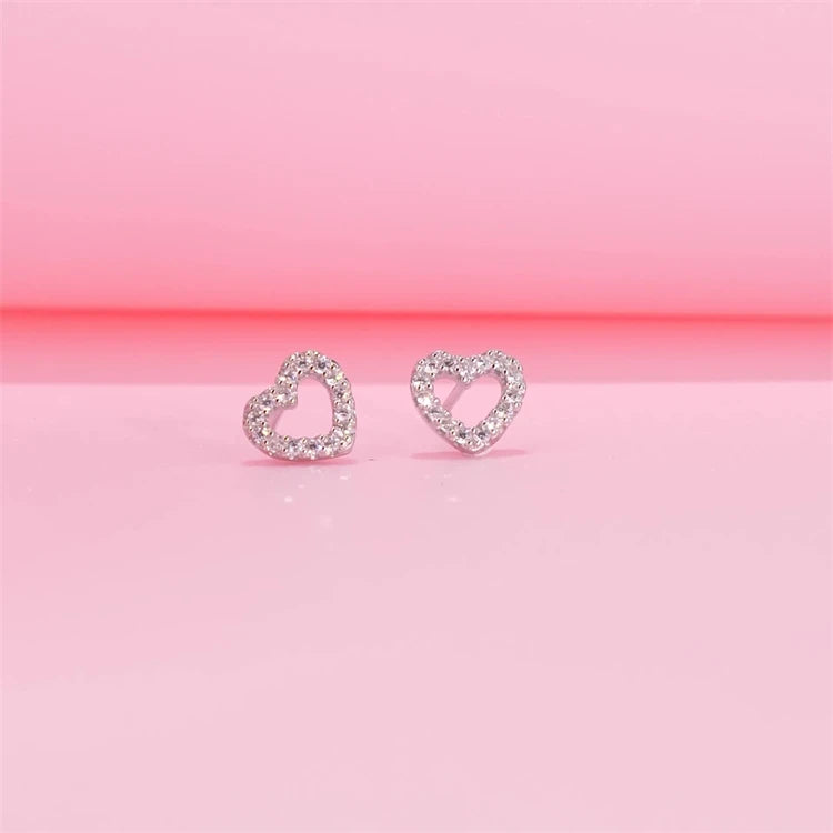 Fashion 925 Sterling Silver Women Simple Diamond Heart Shape Stud Earrings