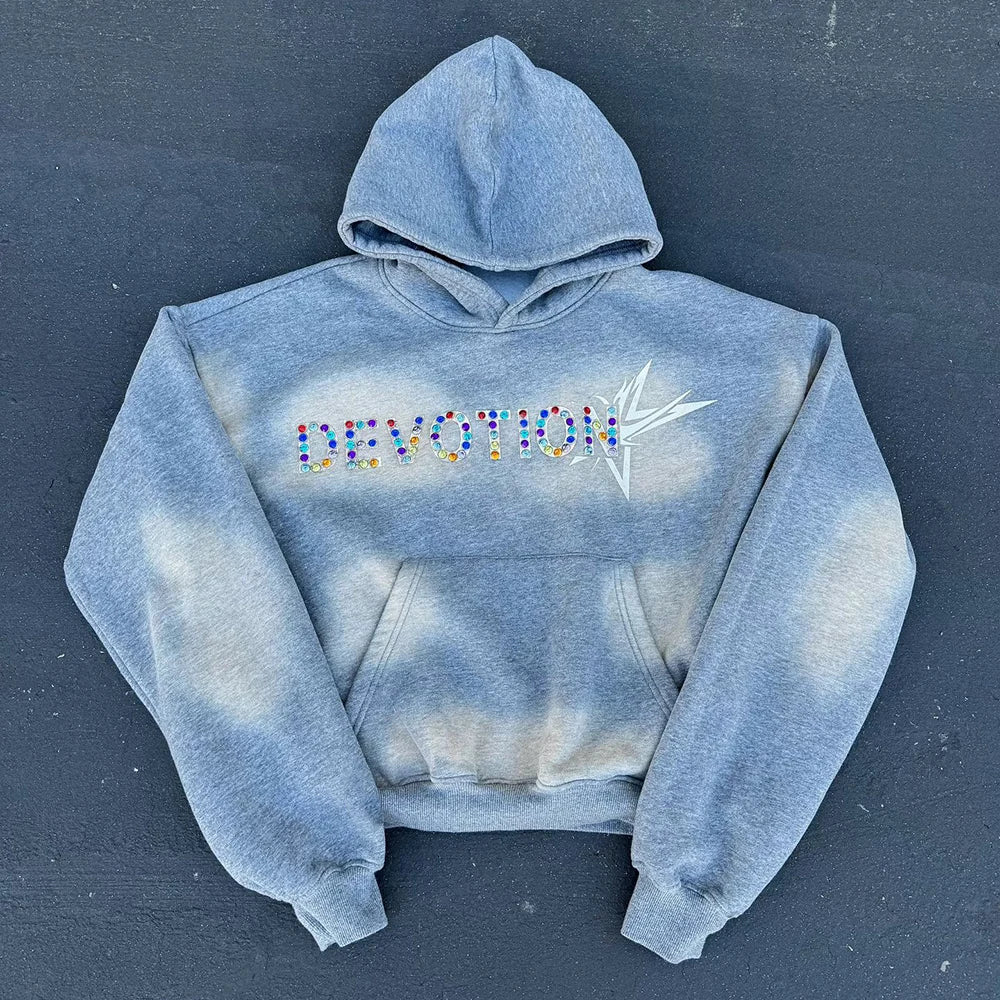 Custom Applique Hoodie 100% Cotton Sun Faded Oversized Pullover Acid Wash Cropped Boxy Fit Printing Logo Rhinestones Hoodies Men