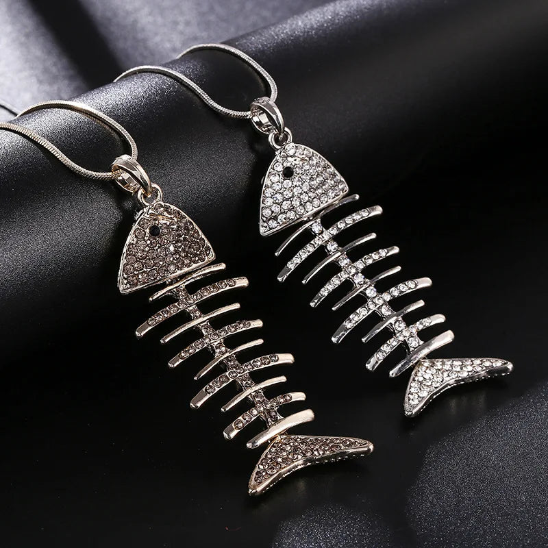 Trendy Women Crystal Rhinestone Fish Bone Pendant Sweater Chain Necklace Accessories Gold Plates Necklace Jewelry