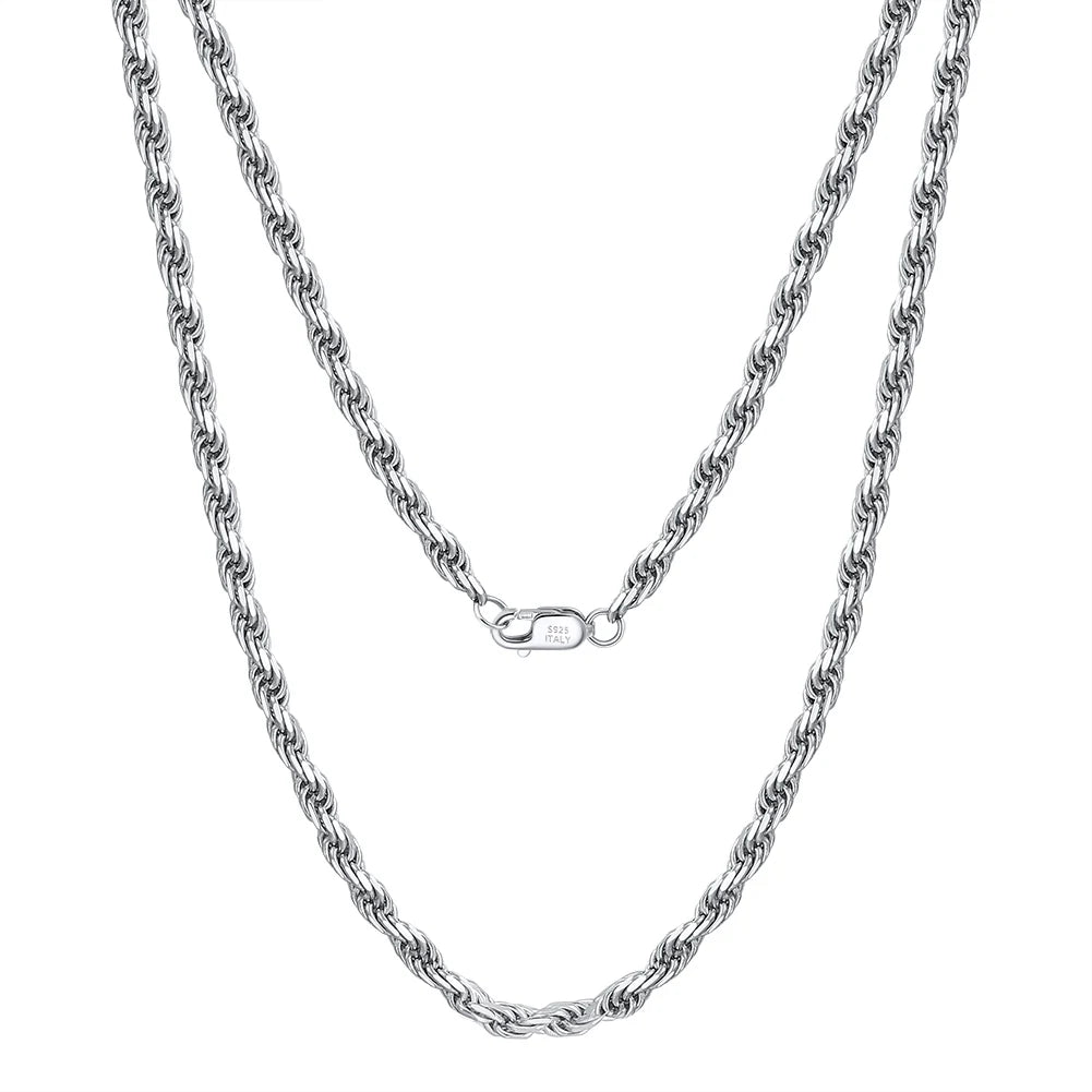RINNTIN SC29-3.3 Hip Hop Fine Jewelry Pure 925 Sterling Silver 3.3mm Diamond-Cut Rope Chain Necklace for Men