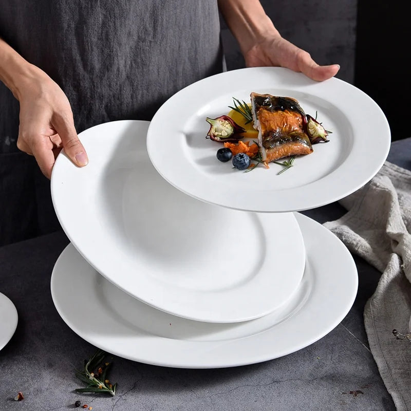 Flat White Porcelain Cake Plate Pure White Ceramic Round Flat Plate Western Steak Modern Restaurant Plates