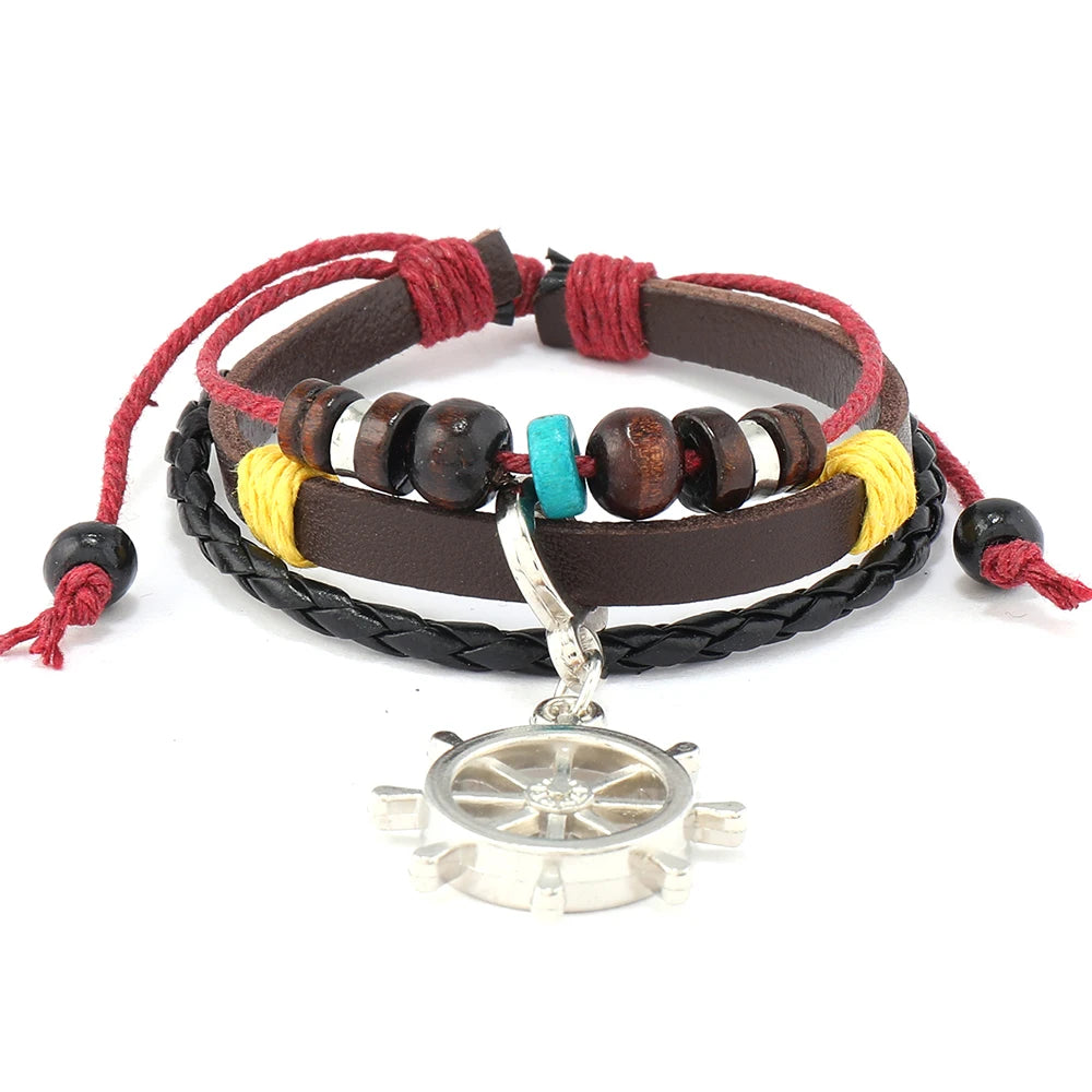 Wholesale Vintage Genuine Leather Charm Rudder Pendant Bracelets Fashion Jewelry for Men and Women