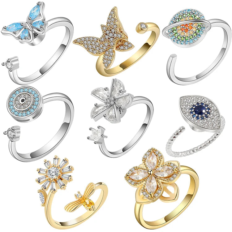 G1542 S925 Silver Adjustable Rotating Fidget Anxiety Rings Sunflower Blue Butterfly Sterling Silver Spinning Ring