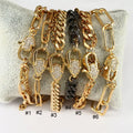BC1302 Unique 18k Gold Plated Curb Cuban Figaro Papeclip Chain Bracelet with CZ Paved Lobster Clasp Closure for Ladies Women