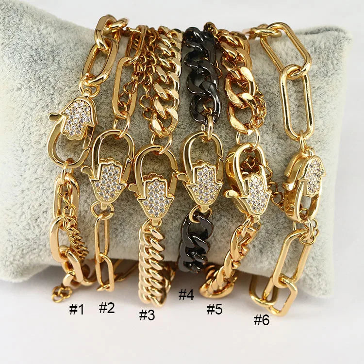BC1302 Unique 18k Gold Plated Curb Cuban Figaro Papeclip Chain Bracelet with CZ Paved Lobster Clasp Closure for Ladies Women