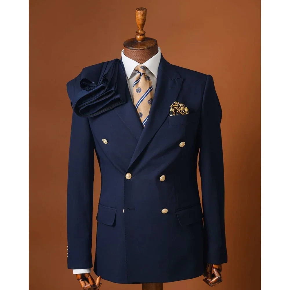 Navy Blue Men Suits Luxury 2 Pieces Jacket Pants Sets Double Breasted Peaked Lapel Customized Outerwear Male Clothing Costume