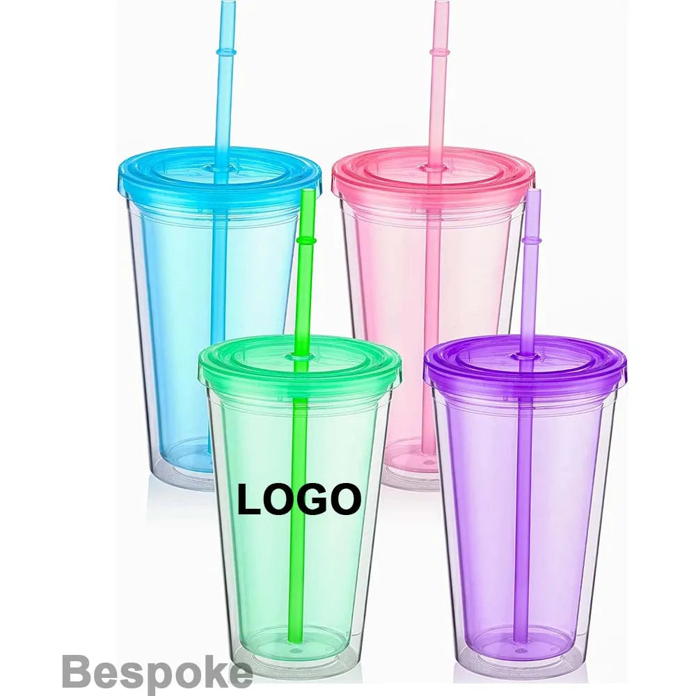 Custom Logo Acrylic Double Wall Reusable Cups with Lids and Straws for Cold Drinks Insulated Plastic Tumblers with Lids Straw