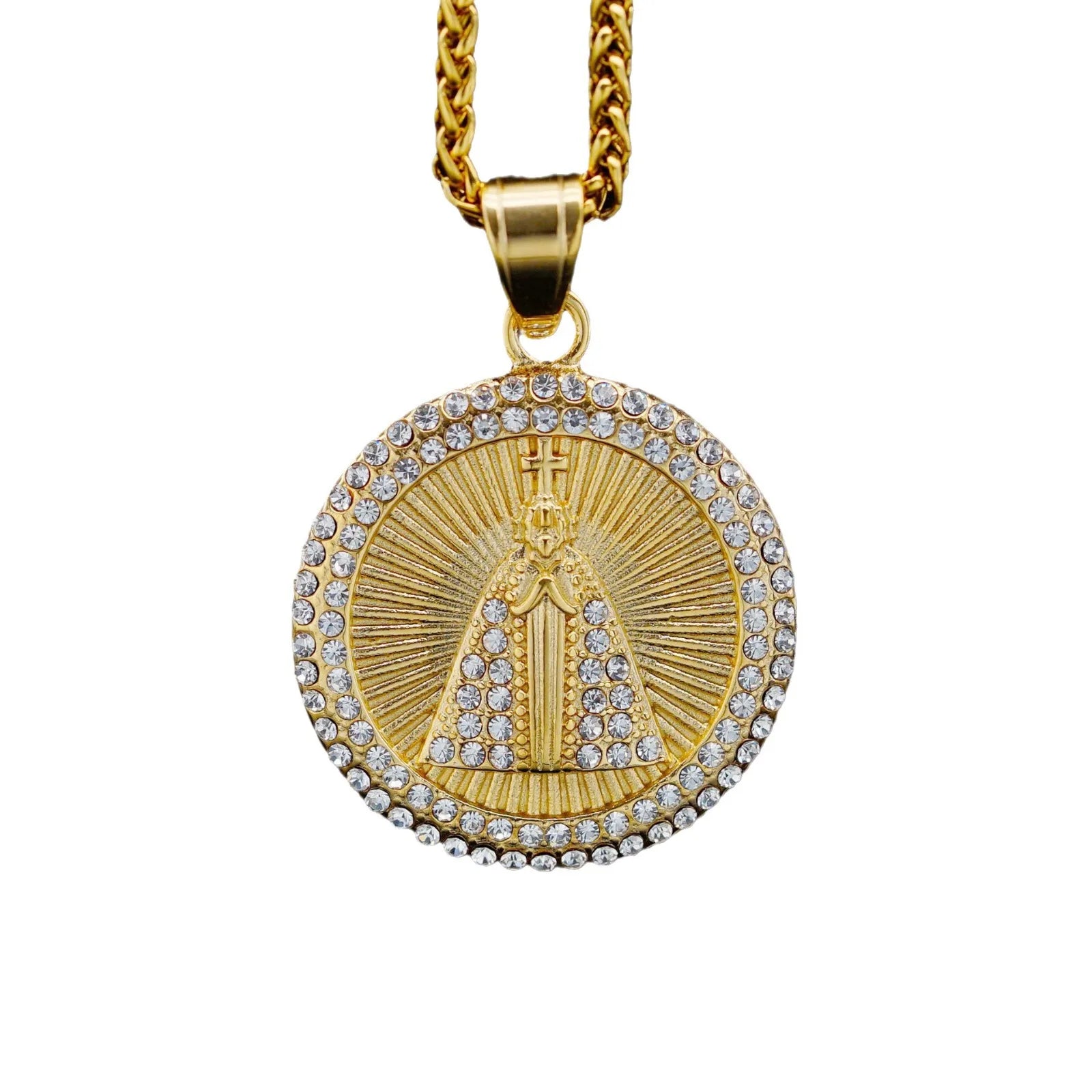 Men Women Metal CZ Charm Shell Crystal Virgin Mary Necklace Pendant Big Virgin Mary Necklace Gold Plated