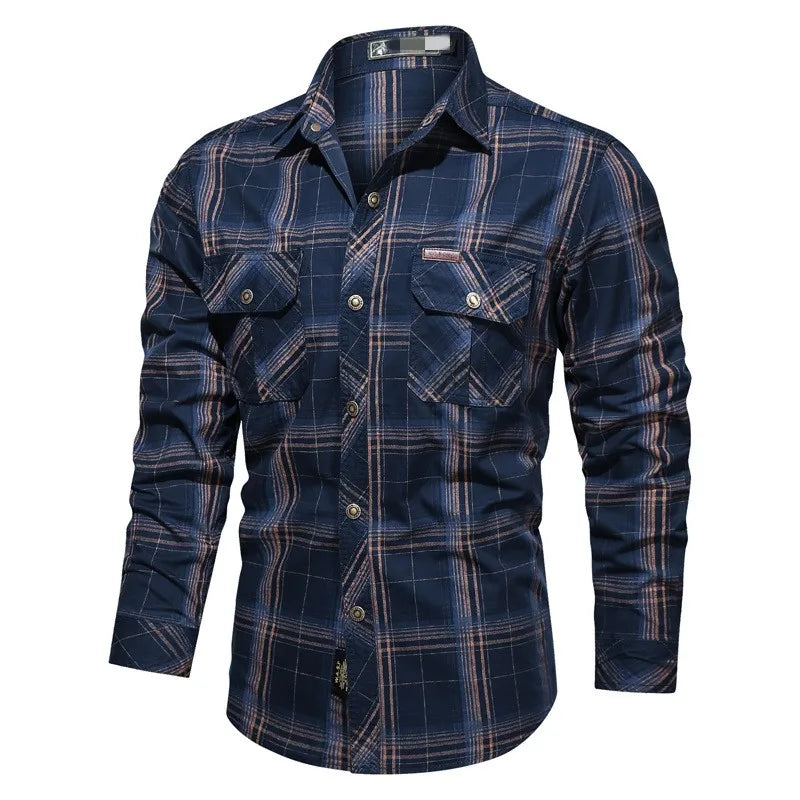 Custom Men's  Cotton Thick Autumn Winter Button Down Long Sleeved Shirt Men Flannel Plaid Shirt