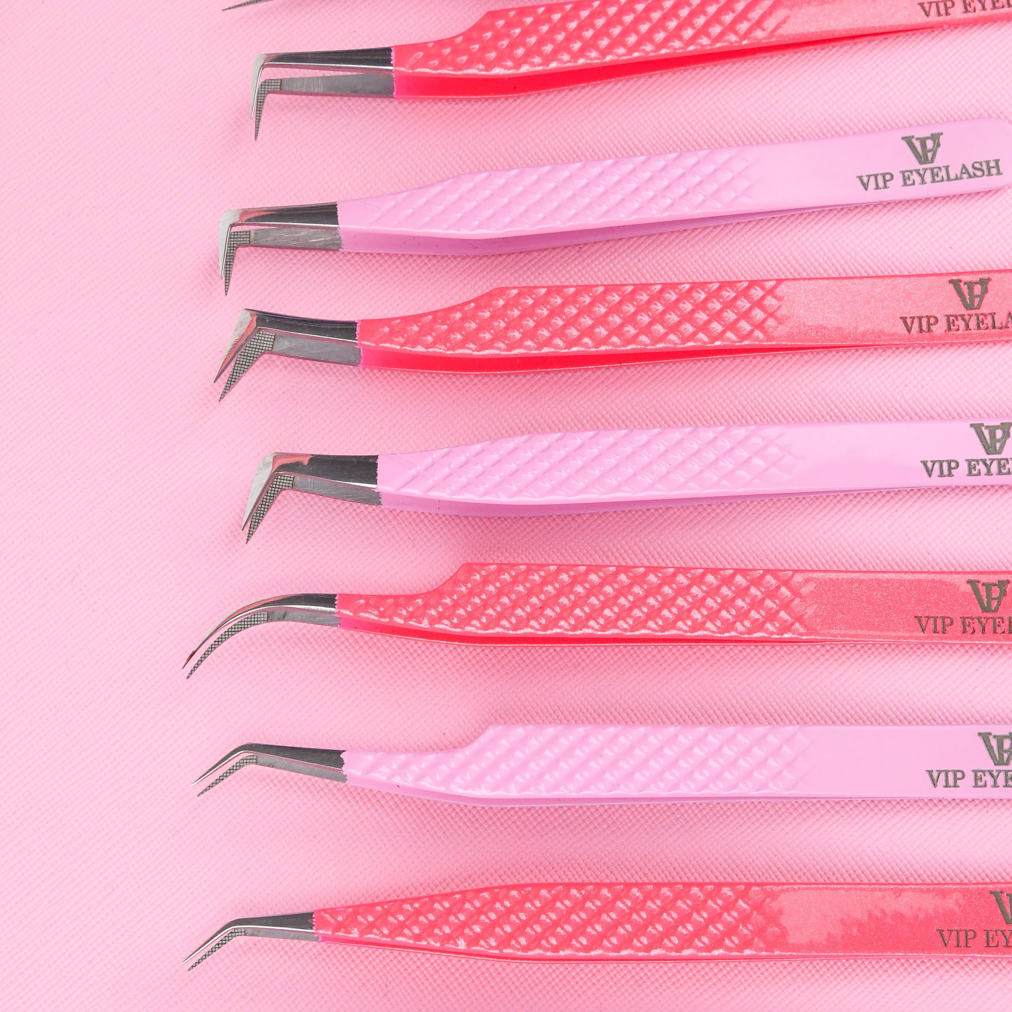 Print Logo Nano Grip Stainless Steel Eyelash Tweezers 45 60 75 90 Degree Volume Lash Extension Pointed Tips Set