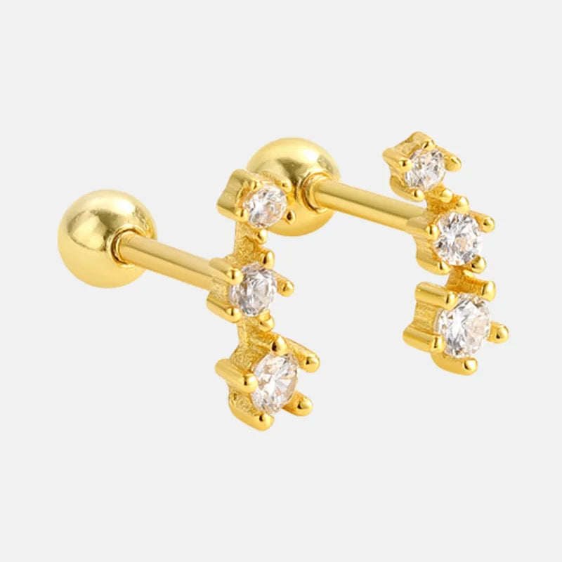 Simple 925 Sterling Silver Tiny Triple Symmetry Cz Minimalist Vintage Fashion Fine Jewelry Gold Plated Screw Back Earring Women