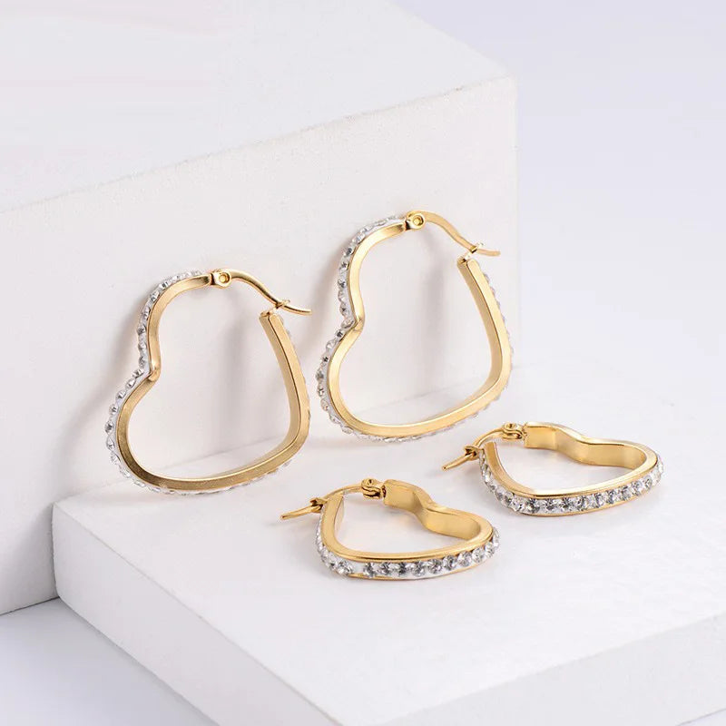 Waterproof Titanium Stainless Steel 18k Gold Plated Zircon Diamond Beads Bezel Paving on Side Heart Hoop Drop Earring Jewelry