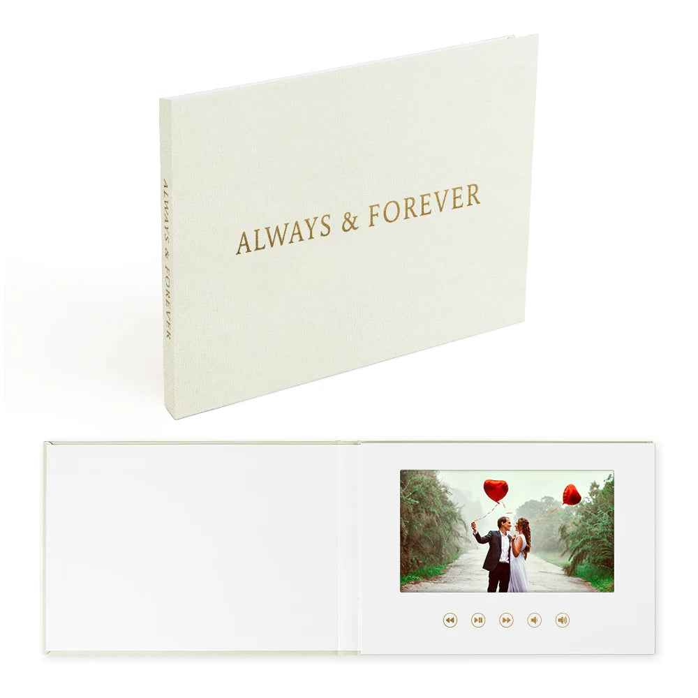 Customized Digital Book Wedding 7 Inch Lcd Video Album Always Forever Gold Foil Linen Bound Video Book