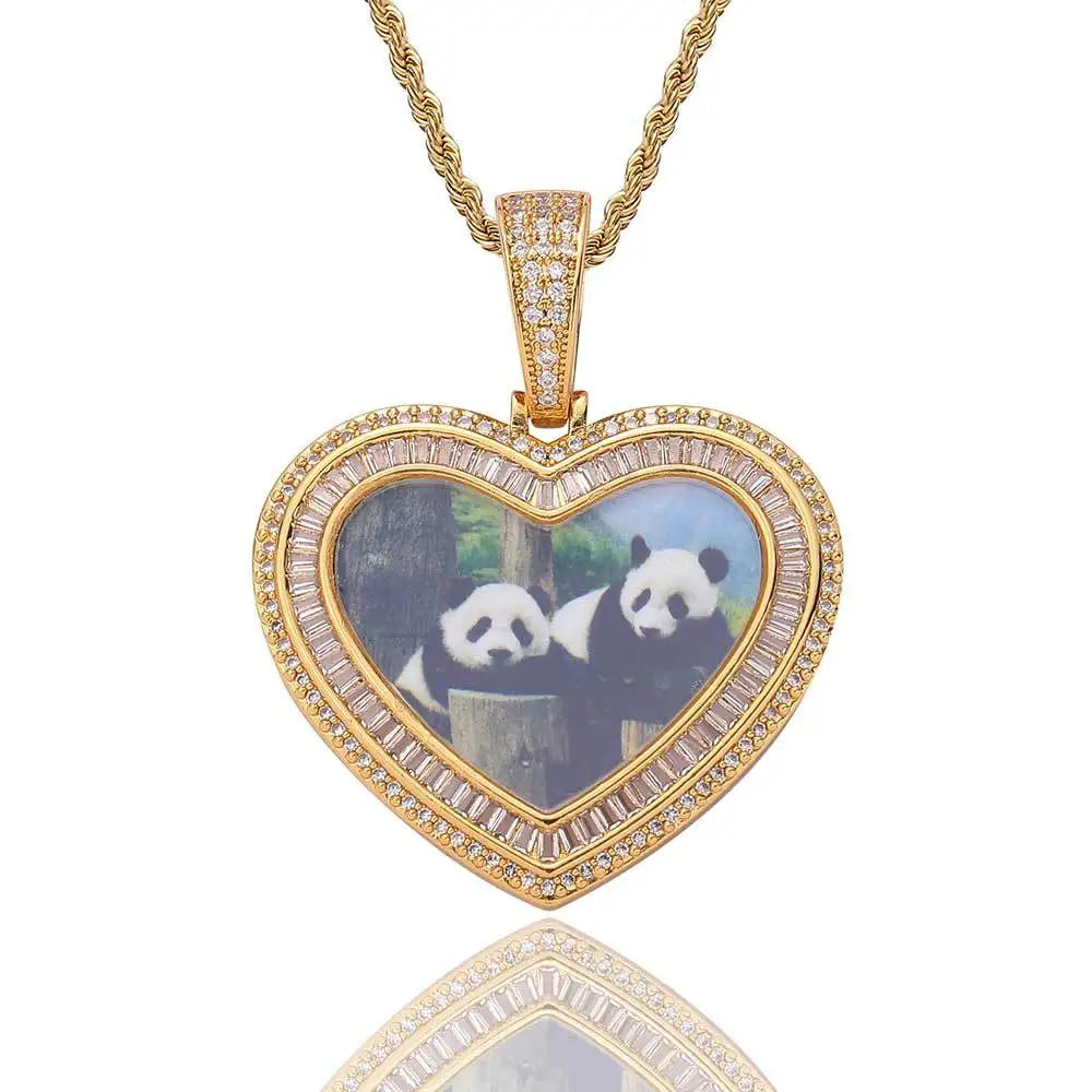 DUYIZHAO DIY  Double Love Photo Frame Pendant Memory Theme Accessories Hip Hop Rap Rock Jewelry With 3MM 24inches Rope Chain
