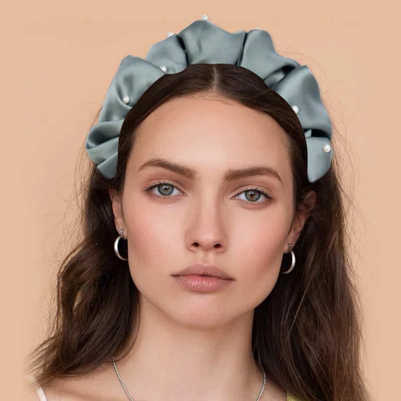 B.PHNE Designer Hair Accessories Pearl Hairband Satin Hair Hoop Wrinkled Headbands