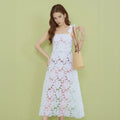 Elegant Floral Embroidery Bow Decor Spaghetti Strap High Waist Flared Midi Dress for Wedding Guest Garden Party