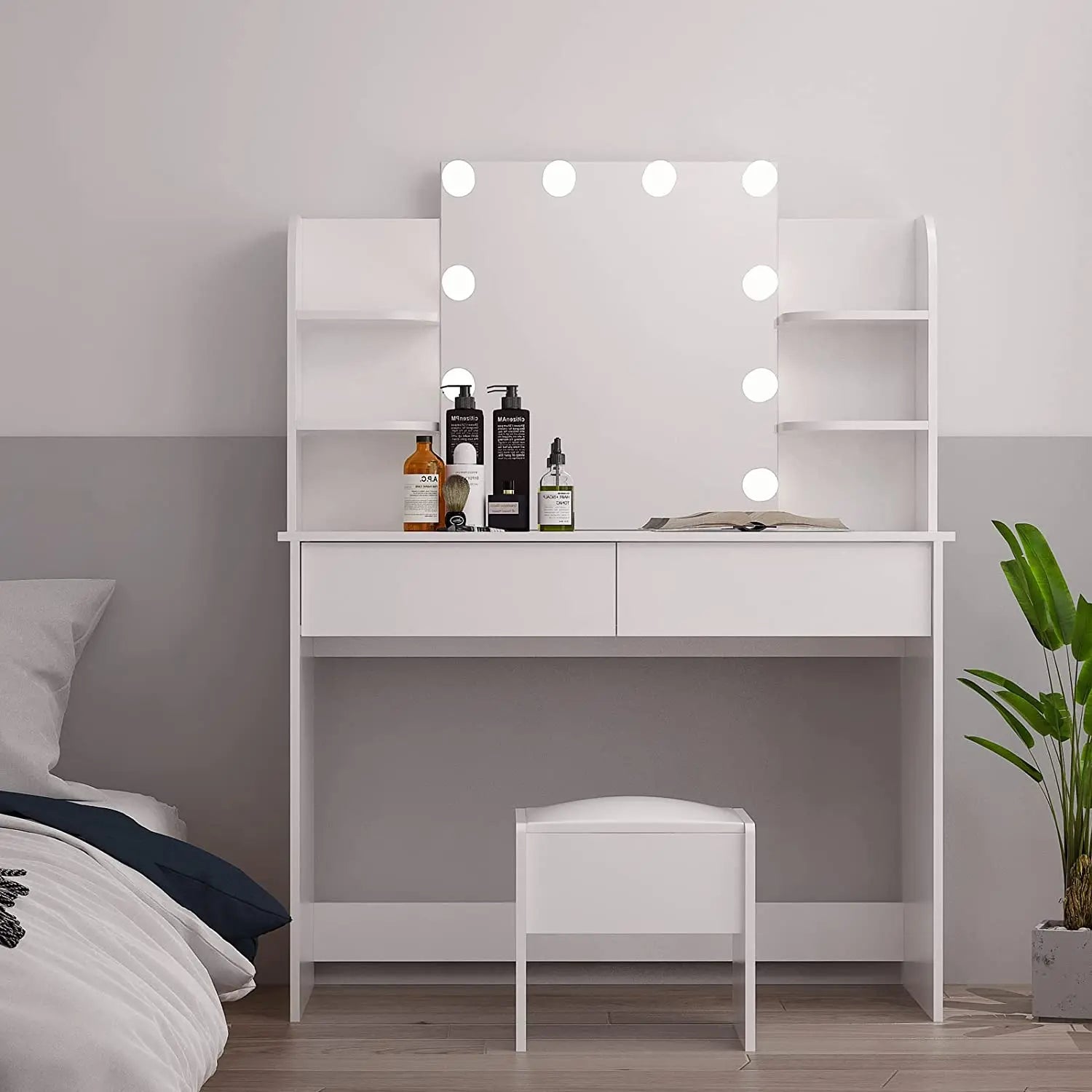 2022 Smart Dresser White Led Vanity Study Fashion Diamond Mirror Bluetooth Dressing Table
