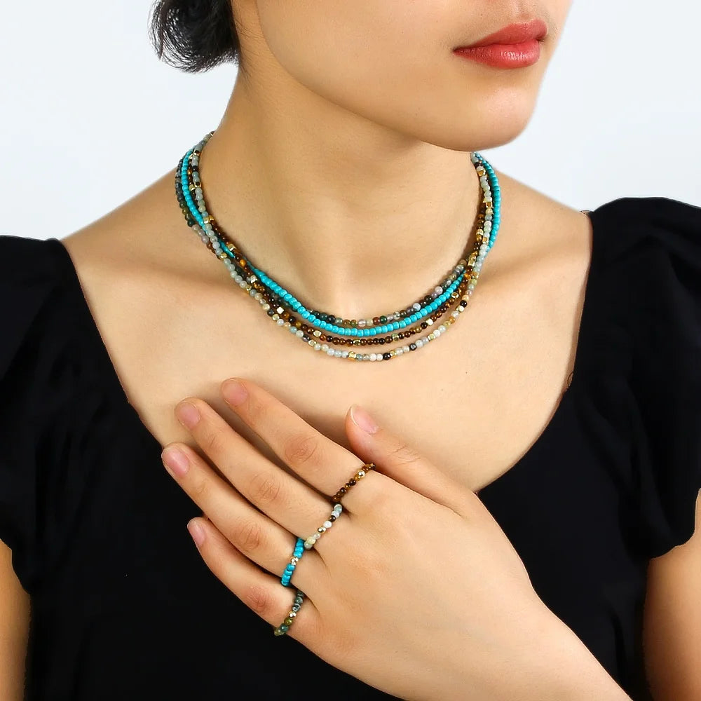 New Fashion Simple 4mm Natural Stone Golden Hematite Handmade Beaded Necklace Single Circle Stretch Ring Set