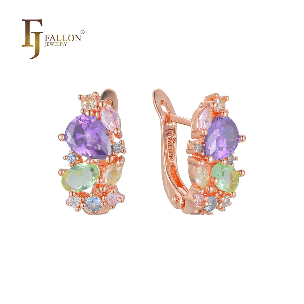 FJ Fallon Fashion Jewelry Cluster Colorful CZs Clip-On Earrings Plated in Rose Gold Brass Based