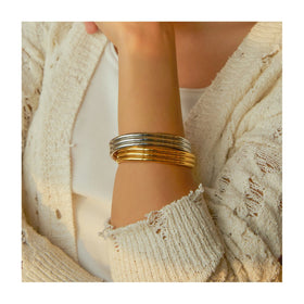 ERESI Fashion Waterproof Jewelry 18K Gold Plated Stainless Steel Chunky Bracelet Wide Three Layer Texture Open Bangle