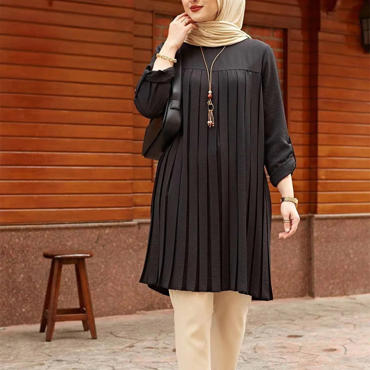 Muslim Women'S Casual Pleated Loose Long Sleeve Round Neck Large Size Top Latest Muslim Women Clothing Dress