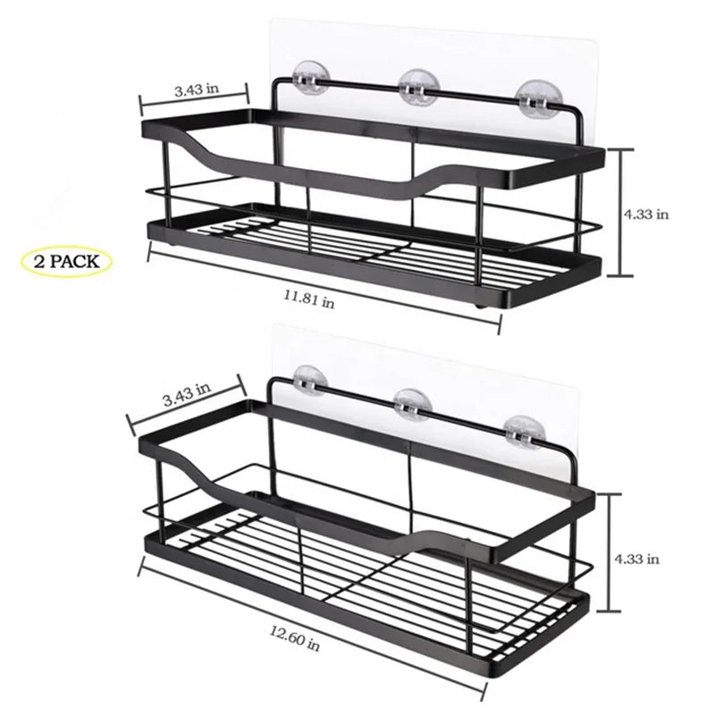 Dual Tiers Self Adhesive SUS304 Punch Free Matte Black Wall Mounted Shower Caddy Storage Rack with Hooks