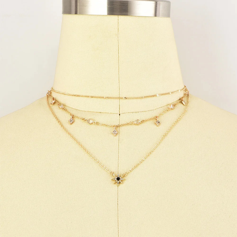 Fashion Multi Layer Clear Rhinestone Sunflower Eight-pointed Star Pendant Choker Necklace for Women Jewelry Gift