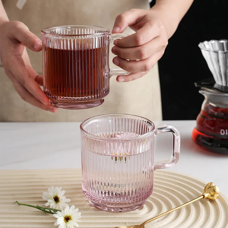 Drinking Cup Nordic Stripe Creative Color With Wood Cover Juice Water Office Tableware Glass Mug With Handle