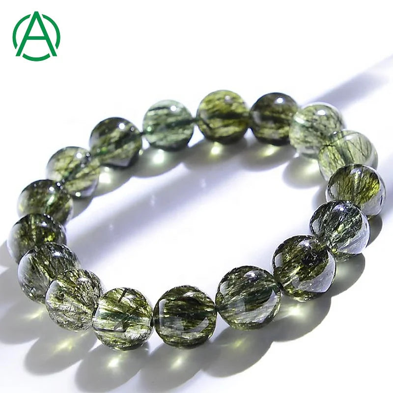 ArthurGem Rare Quality Green Rutilated Bracelets Natural Healing Crystal Green Rutilated Quartz Gemstone Bracelet for Women Men