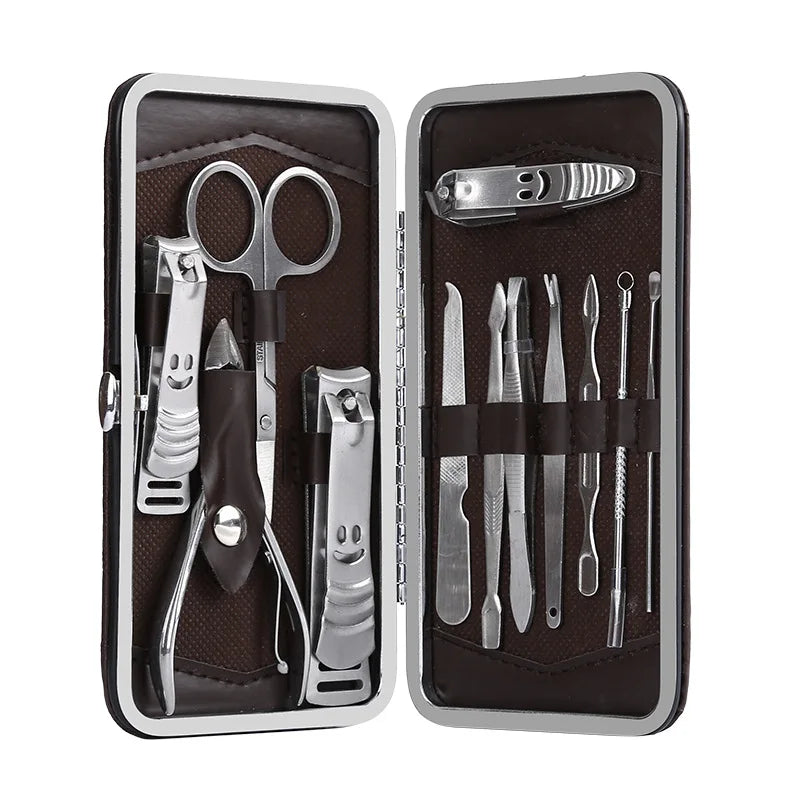FOCSTAR Promotional Gifts 12pcs Stainless Steel & PU Nail Clippers Manicure Set with Customized Logo Pedicure Kit