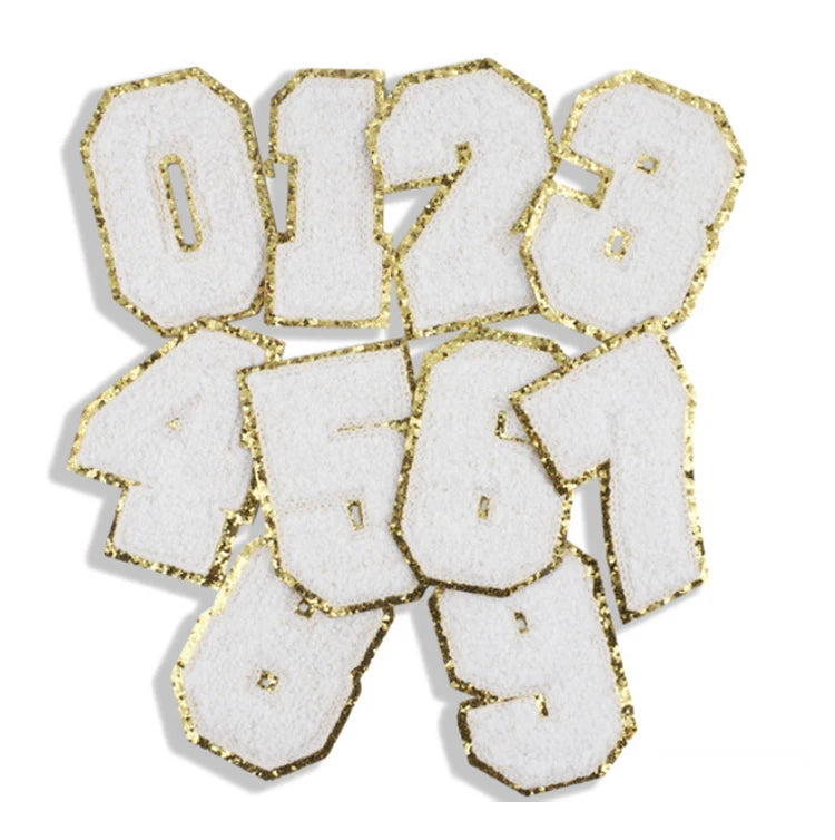 Wholesale Fashion Styles Glitter Towel White Chenille Patches Iron on Number Digital Embroidery Patch