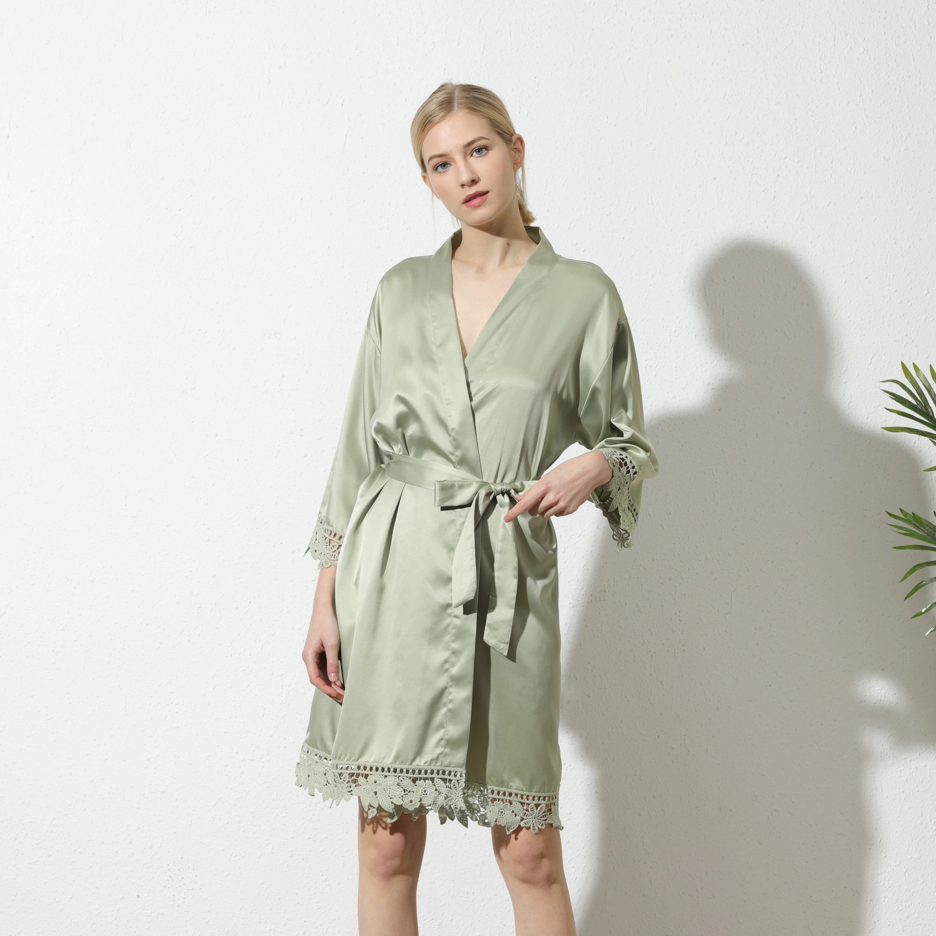 FUNG 3031 Women Silk Robes Sexy Lace Satin Long Gown Bath Robes Sleepwear Lingerie Ladies Kimono Belt Night Dress Nightgown