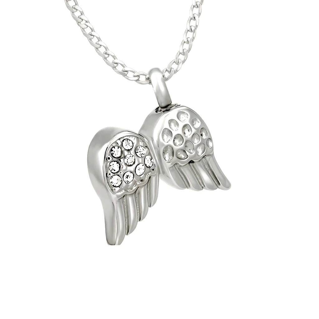 Wings Angel Religious Children's Cremation Urn Stainless Steel Crystal Ash Pendant Keepsake Memorial Necklace Feather Funeral