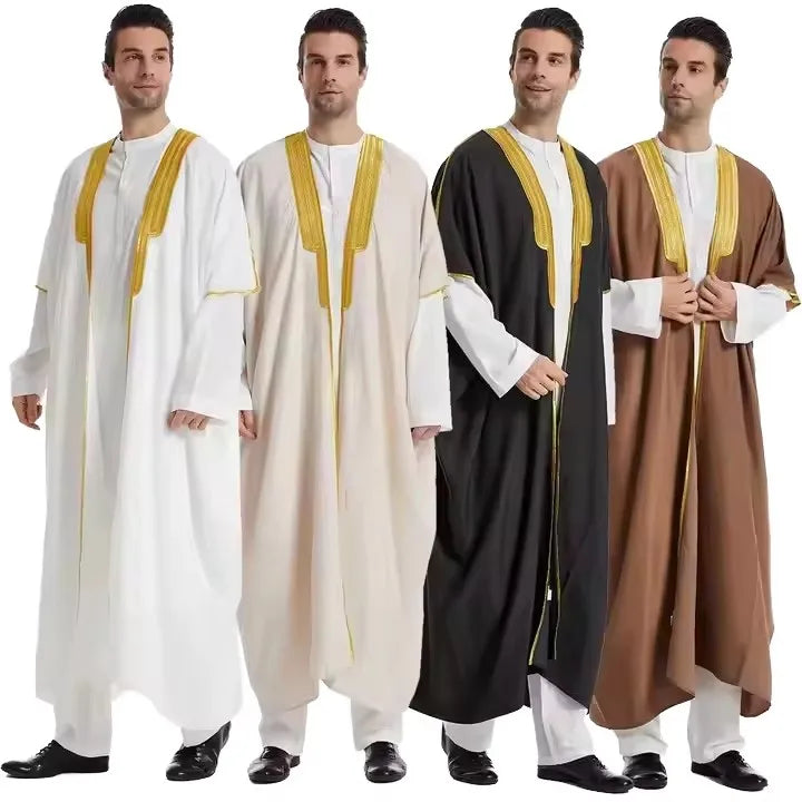 Men's New Style Casual Breathable Jalabiya Islamic Clothing Omani Marble Thobe Moroccan Bisht Muslim Dresses