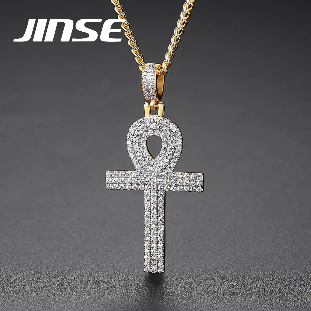 JINSE JEWELRY Fashion Jewelry New Designs Silver Plated Micro CZ Paved Cross Pendant Choker Necklace