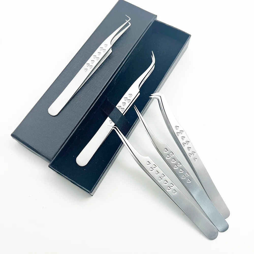 QC Custom logo Lash Tweezers Eyelash Extensions pink Blue Sliver Color Eyelash Extensions Curved Tweezers Fiber Tip Tweezers