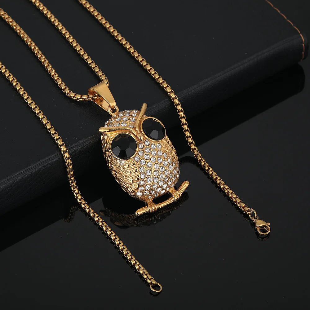 18K Gold Plated Stainless Steel Owl Pendant Necklace Link Cool Butterfly Pattern for Wedding Parties Anniversaries Zircon