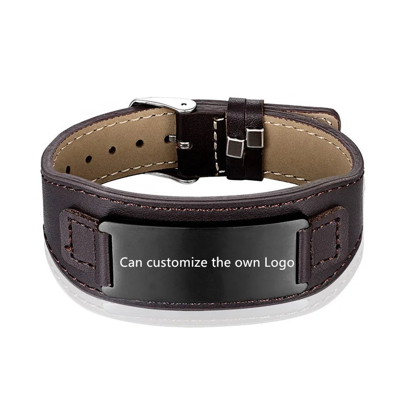 POYA Custom Logo Mens Genuine Leather Bracelets with Freely Resized 316L Stainless Steel Bracelet for Men